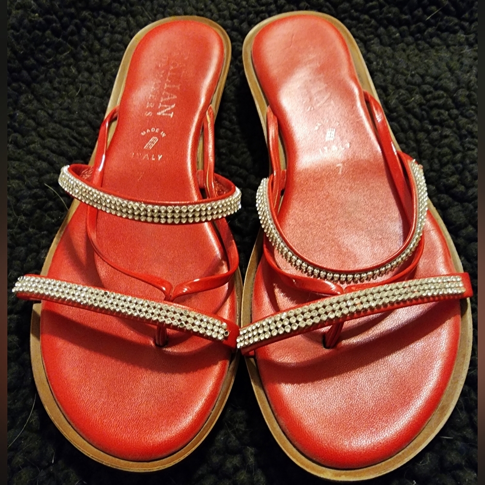 Women's Size 7 Italian Shoemakers Red Rhinestone flat sandals
